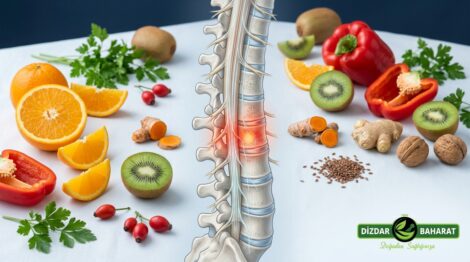 Omurilik iltihabı ve bitkisel beslenme desteklerini anlatan tıbbi illüstrasyon